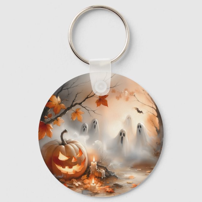 Halloween-Szene mit Kürbis und Geistern Schlüsselanhänger (Rückseite)