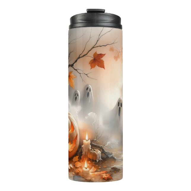 Halloween-Szene mit Kürbis und Geistern Thermosbecher (Vorderseite)