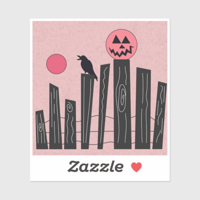 Halloween-Szene mit Zaun, Krähe, Vollmond & Pum Aufkleber (Blatt)