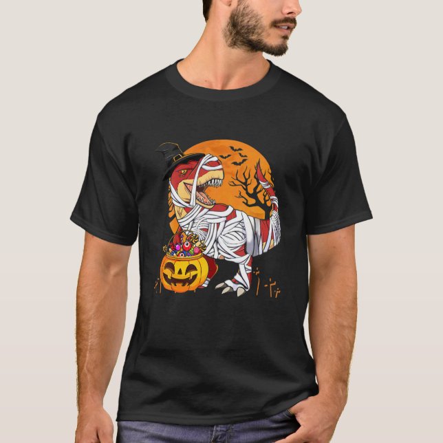 Halloween T Rex Dinosaurier Hexe Trick oder Behand T-Shirt (Vorderseite)
