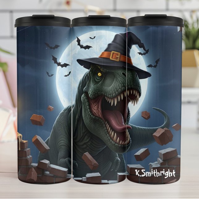 Halloween T-Rex Witch Hat Bats Thermosbecher (Von Creator hochgeladen)