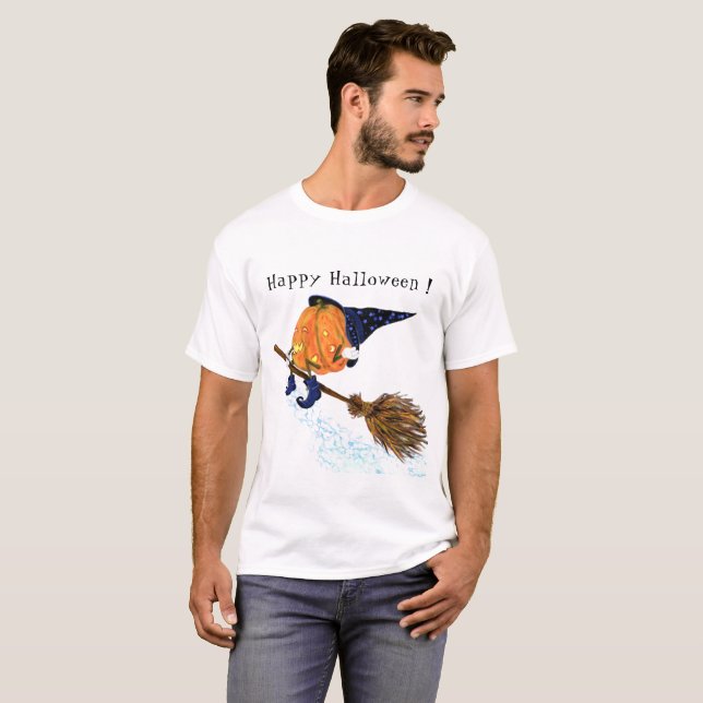 Halloween T - Shirt Hexenkürbis Flying Broom Funny (Vorne ganz)