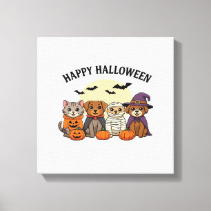Halloween-T-Shirt mit süßen Katzen und Hunden in K Leinwanddruck