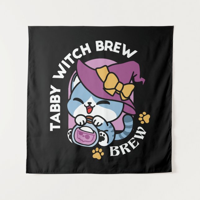 Halloween Tabby Cat - Hexenhut & Potion Art Wandteppich (Vorderseite)