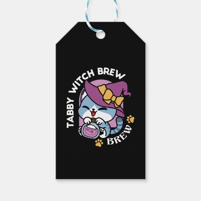 Halloween Tabby Cat – Witch Hat & Potion Art Geschenkanhänger (Vorderseite)