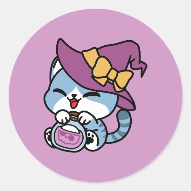 Halloween Tabby Cat – Witch Hat & Potion Art Runder Aufkleber (Vorderseite)