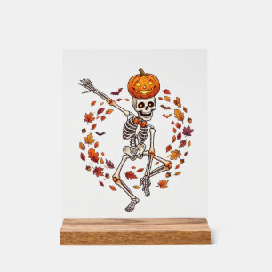 Halloween tanzendes Skelett Kürbiskopf Herbstlaub Acrylschild