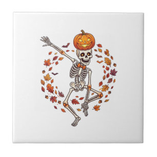 Halloween tanzendes Skelett Kürbiskopf Herbstlaub Fliese