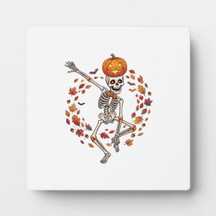 Halloween tanzendes Skelett Kürbiskopf Herbstlaub Fotoplatte