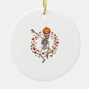 Halloween tanzendes Skelett Kürbiskopf Herbstlaub Keramik Ornament