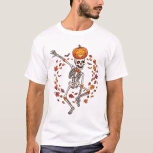 Halloween tanzendes Skelett Kürbiskopf Herbstlaub T-Shirt