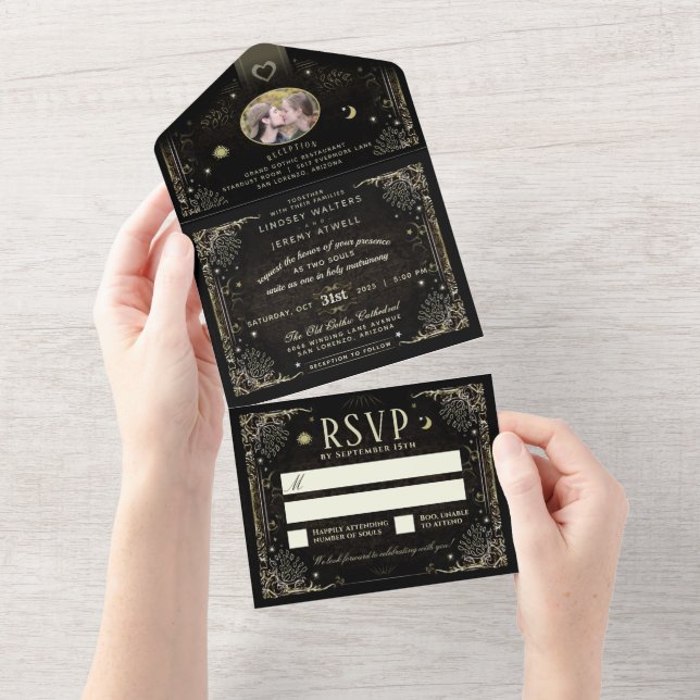 Halloween Tarot Black & Gold Foto "Together with" All In One Einladung (Abreißen)