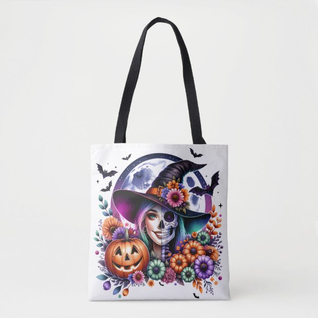 Halloween-Tasche mit Hexe und Skelett (Vorderseite)