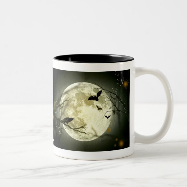 Halloween-Tasse - Vollmond, Schläger u. Rabe Zweifarbige Tasse (Rechts)