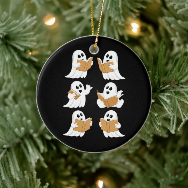 Halloween Teacher Ghost Reading Books Librarian Keramik Ornament (Baum)