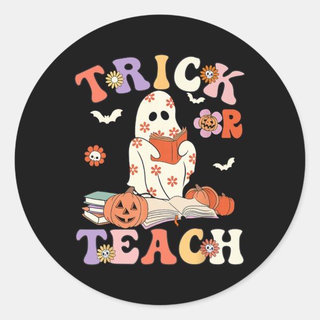 Halloween Teacher Trick oder lehren Groovy Floral  Runder Aufkleber (Vorderseite)