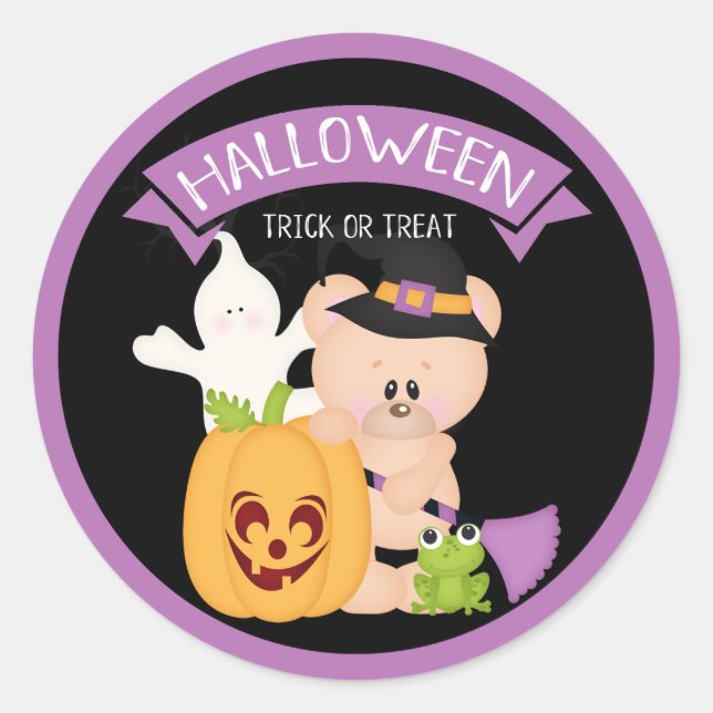 Halloween Teddy Bar Warlock mit Freunden Runder Aufkleber (Vorderseite)