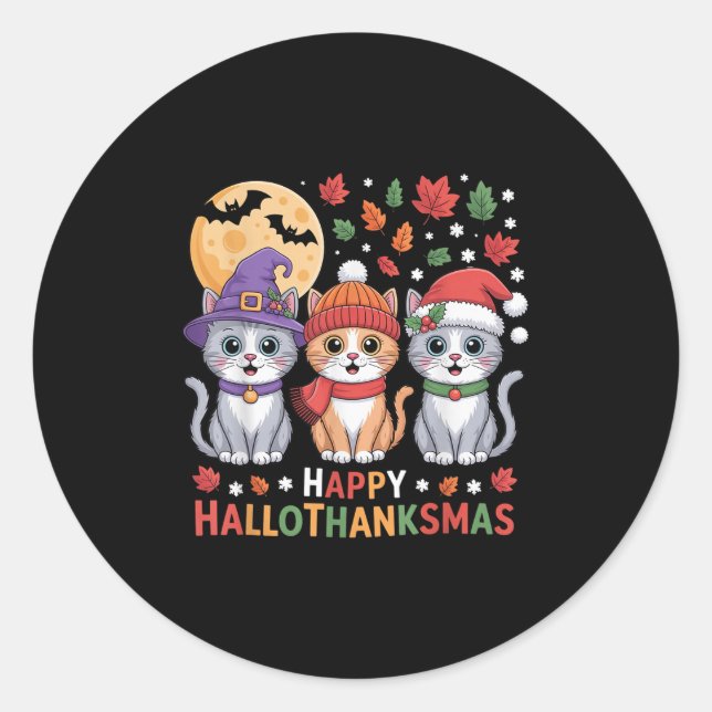 Halloween Thanksgiving Christmas Happy Hallothanks Runder Aufkleber (Vorderseite)