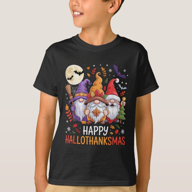 Halloween Thanksgiving Christmas Happy Hallothanks T-Shirt (Vorderseite)