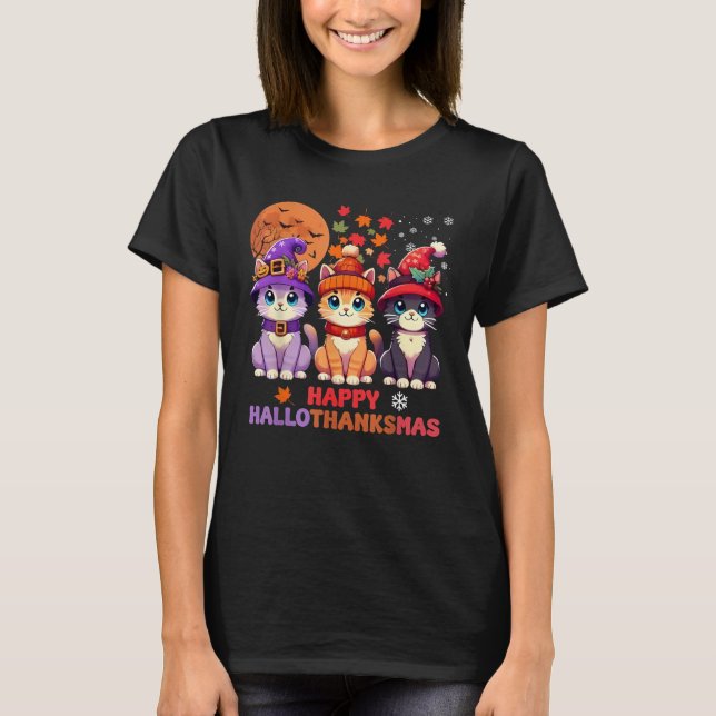 Halloween Thanksgiving Christmas Happy HalloThanks T-Shirt (Vorderseite)