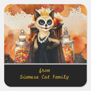 Halloween Thema für Katzenliebhaber mit Süßigkeite Quadratischer Aufkleber