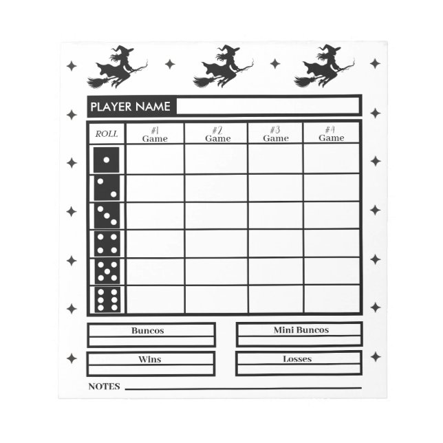 Halloween Theme Bunco Score Pad Hexe fliegen Notizblock (Vorderseite)