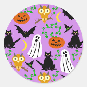 Halloween Theme Collage Toss Pattern Purple Runder Aufkleber
