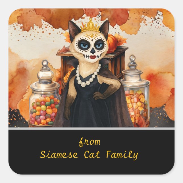 Halloween themed for Cat Lovers with candies Quadratischer Aufkleber (Vorderseite)
