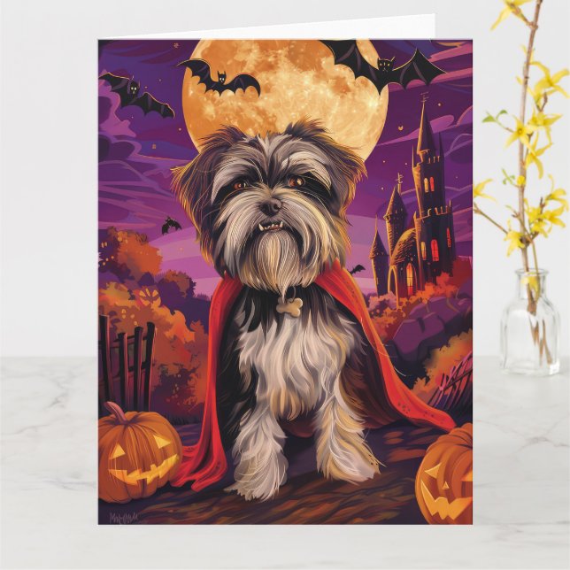 Halloween Tibetan Terrier Vampire Pumpkins Beängst Karte (Gelbe Blume)