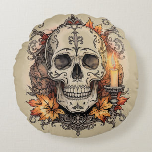 Halloween, Totenkopf-Muster, Kerzenlicht Calavera Rundes Kissen
