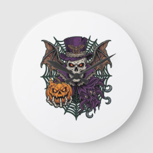 Halloween-Totenkopf-Zylinder-Fledermausflügel-Kürb Große Wanduhr