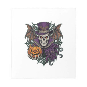 Halloween-Totenkopf-Zylinder-Fledermausflügel-Kürb Notizblock
