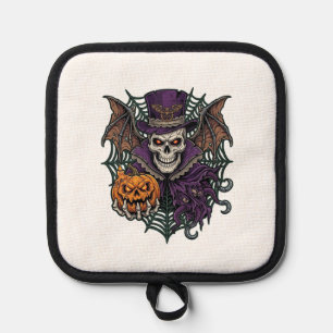 Halloween-Totenkopf-Zylinder-Fledermausflügel-Kürb Topflappen