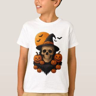 Halloween-Totenschädel mit Kürbissen und Hexenhut T-Shirt