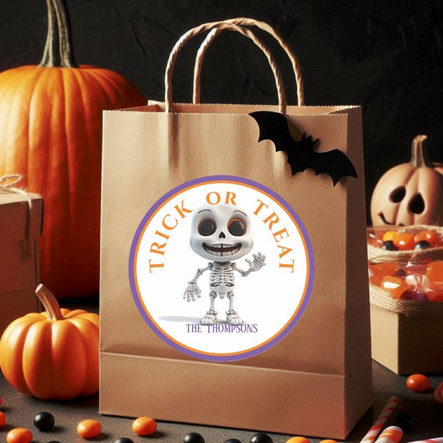 Halloween Trick oder Treat Big Head Skelett Runder Aufkleber (Von Creator hochgeladen)