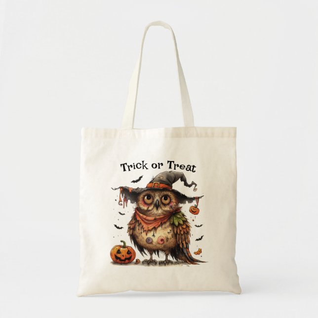 Halloween Trick oder Treat Owl in einem Hexenhut Tragetasche (Vorne)