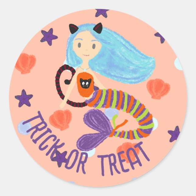 Halloween Trick oder Treat Pastel Mermaid Cat Runder Aufkleber (Vorderseite)