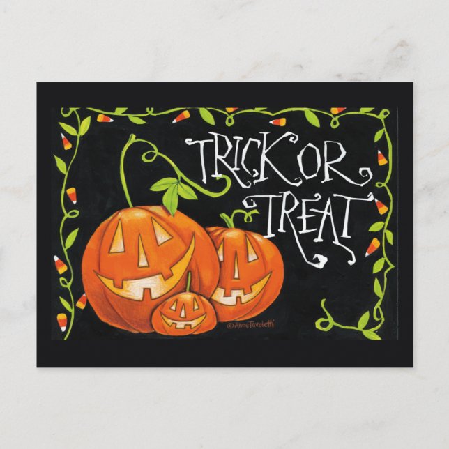 Halloween Trick oder Treat Pumpkin und Candy Corn Postkarte (Vorderseite)