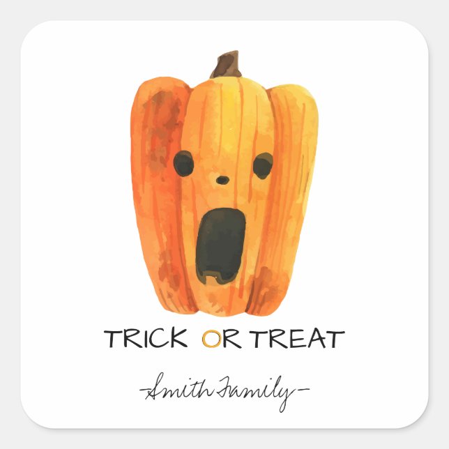 Halloween Trick oder Treat Watercolor Pumpkin Kids Quadratischer Aufkleber (Vorderseite)