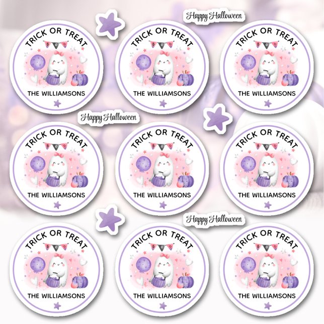 Halloween Trick oder Treatname Pink Kiss Cut Aufkleber (Halloween Trick Or Treat Name Pink Kiss Cut Sticker)