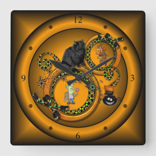 Halloween ~ Trick Or Treat ~ Black Cat ~ Witch ~ Quadratische Wanduhr