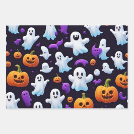 Halloween Trick or Treat Pumpkin Boo Ghost Black Geschenkpapier Set
