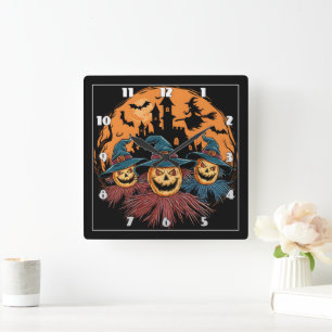 Halloween-Trio in einem spöttischen Hintergrund Quadratische Wanduhr