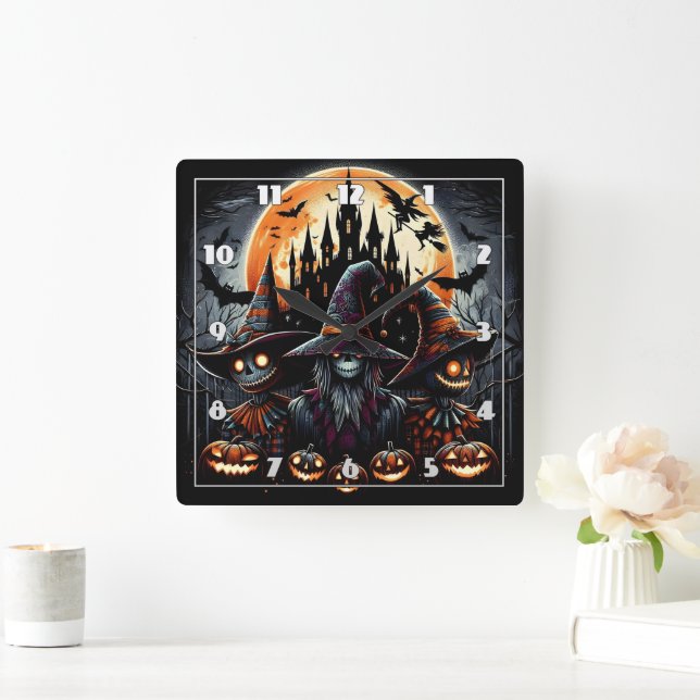 Halloween-Trio unter Vollmond Quadratische Wanduhr (Zuhause)