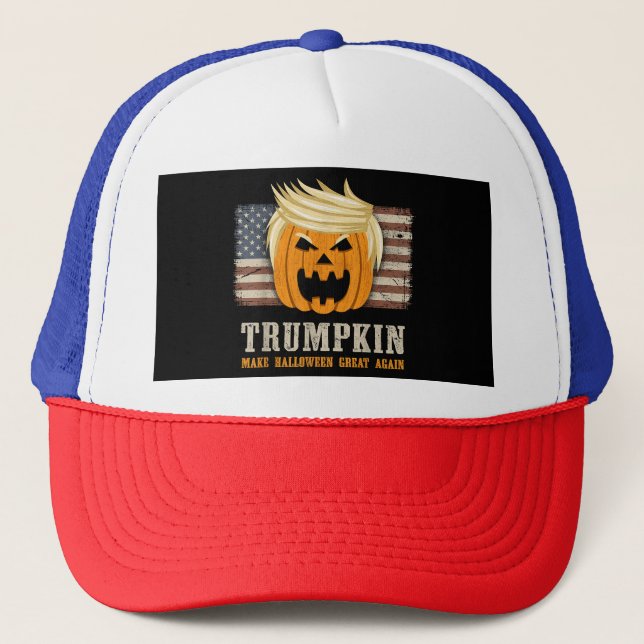 Halloween Trumpkin Vintage US-Flag Truckerkappe (Vorderseite)