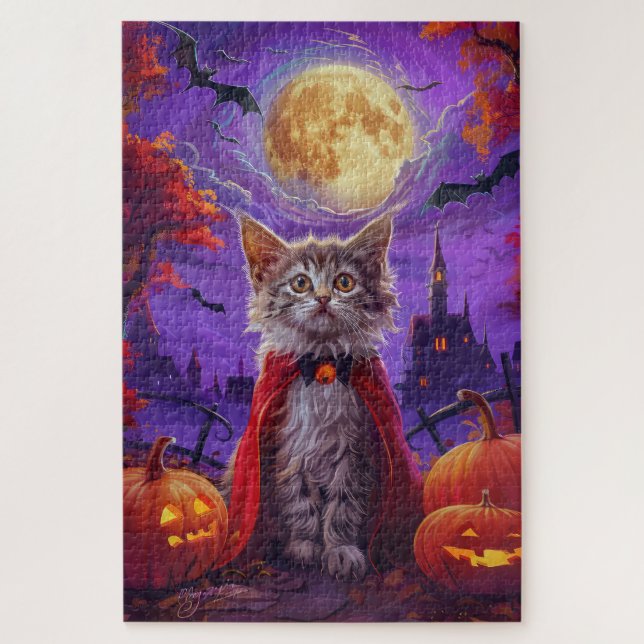 Halloween Turkish Angora Cat Vampire Pumpkin Beäng Puzzle (Vertikal)