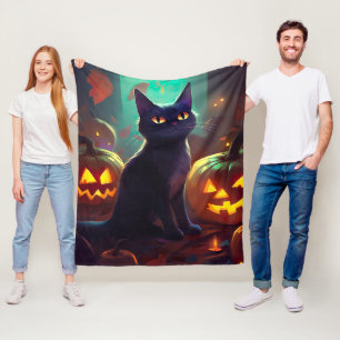 Halloween Tuxedo Katze mit Pumpkins Beängstigend Fleecedecke