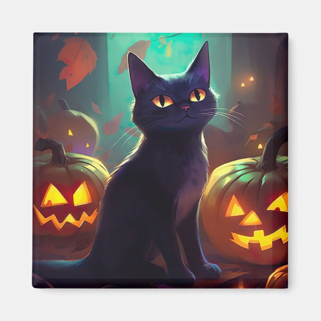 Halloween Tuxedo Katze mit Pumpkins Beängstigend Magnet (Vorne)