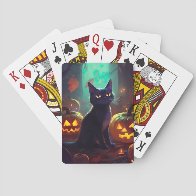 Halloween Tuxedo Katze mit Pumpkins Beängstigend Spielkarten (Rückseite)