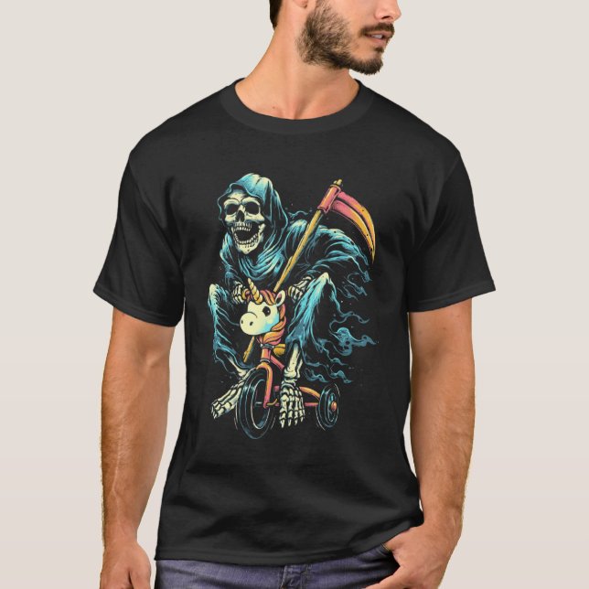 Halloween Unicorn Costume Grim Reaper Riding Unico T-Shirt (Vorderseite)